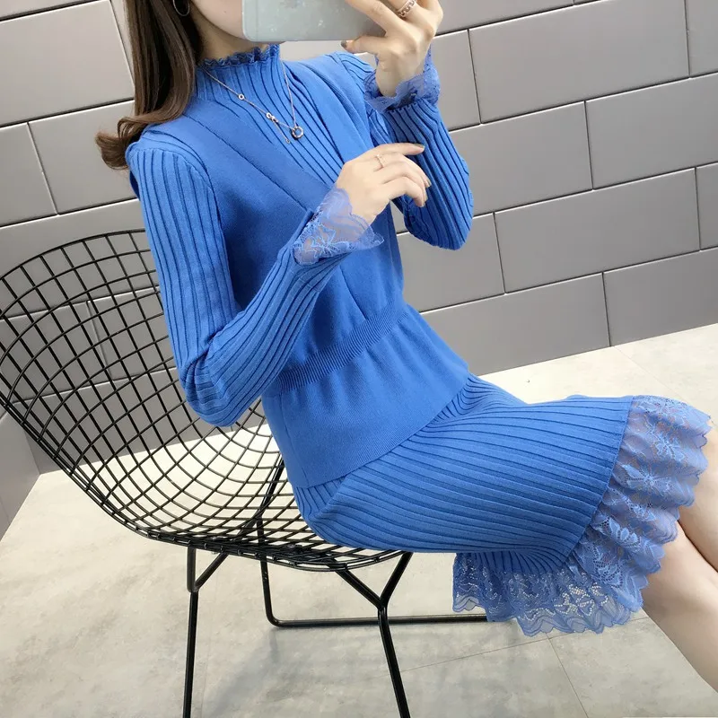 

2020 autumn New Woman Winter Knitted Suits Casual Female Two-pieces Set Solid Mid-length lace dress + Vest top for Lady Warm