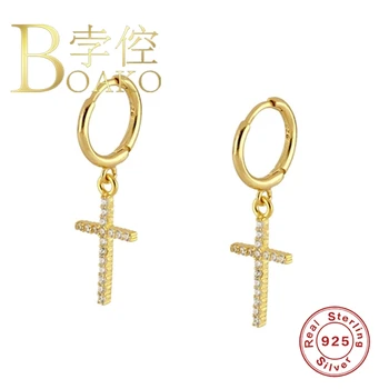 

BOAKO 925 Sterling Silver Earrings Hoops Cross Earrings For Women Silver/Gold Jewelry Fashionable Zircon Lurury Round Bijou