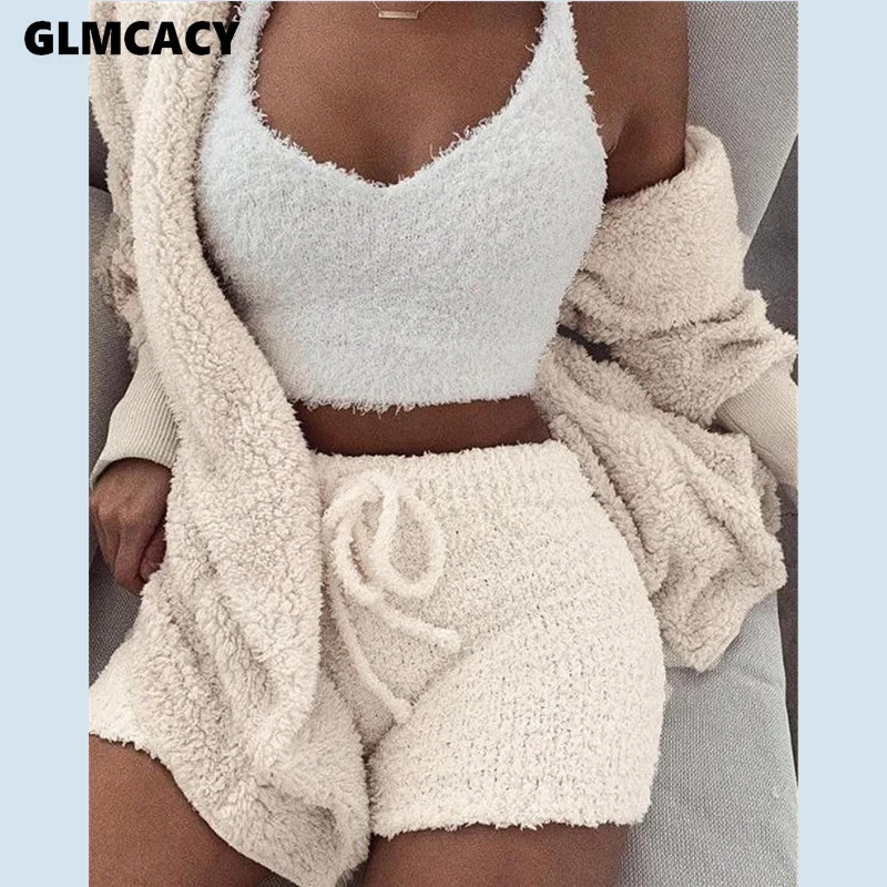Женский комплект из двух предметов, топ с длинными рукавами из мохера и эластичная талия обтягивающие шорты, пушистый теплый костюм - Цвет: Бежевый