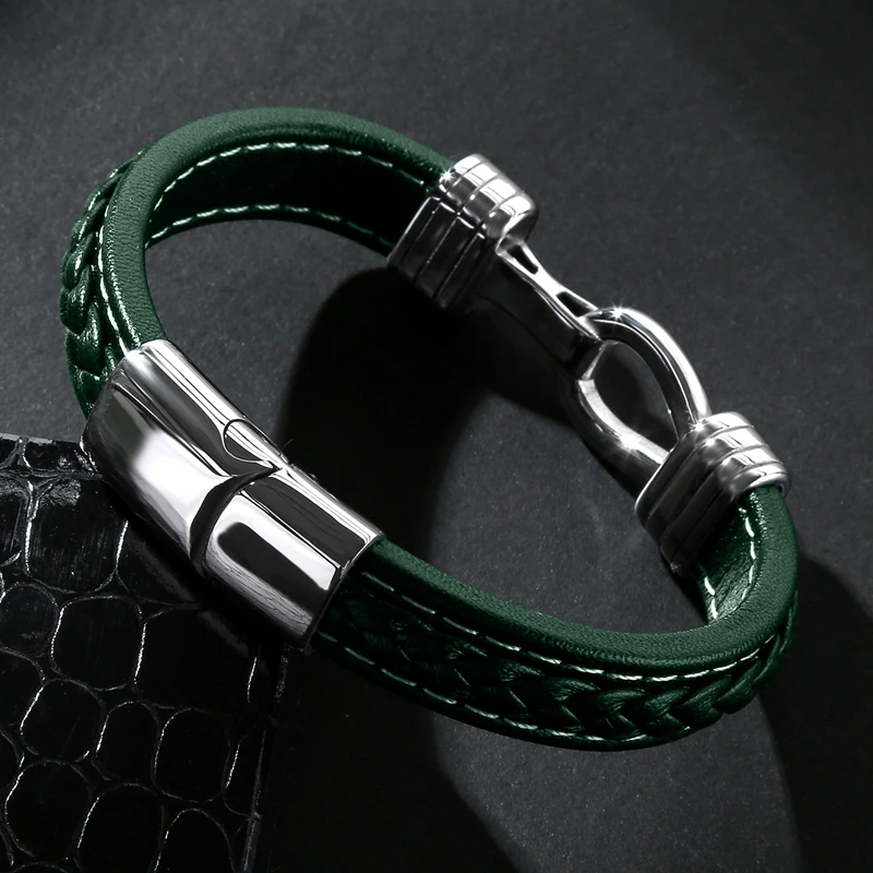 Retro New Arrival Genuine Leather Stainless Steel Bangle Women High Quality Fashion Jewelry Men's Bracelet Green
