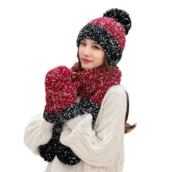 

3Pcs Women Winter Chunky Knit Snowflake Color Block Beanie Hat Scarf Gloves Set LX9E