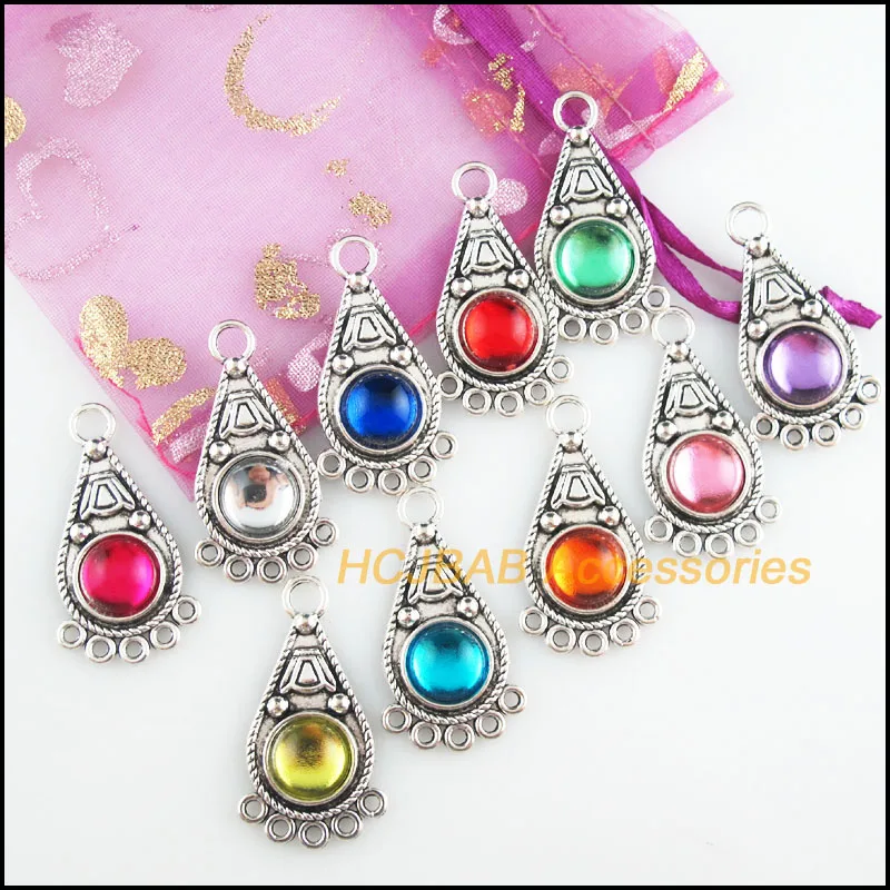 

10 New Teardrop Charms Mixed Acrylic Flower Connectors Tibetan Silver Tone 19x35mm