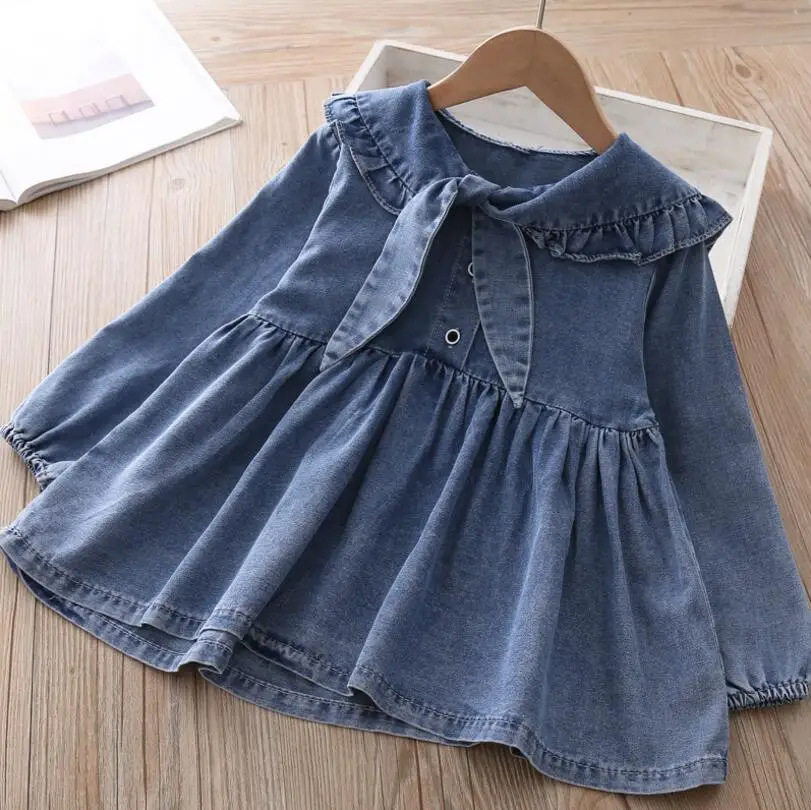 Новое джинсовое платье с бантом для девочек, модные весенние детские платья для девочек 2-7 лет