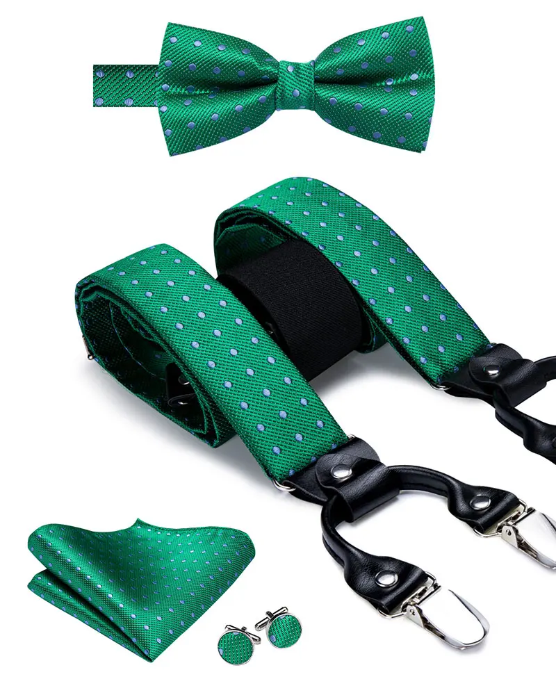 BD-3009 Hi-Tie взрослые мужские подтяжки галстук бабочка Набор Мода зеленый горошек подтяжки для мужчин эластичные 6 металлических зажимов подтяжки
