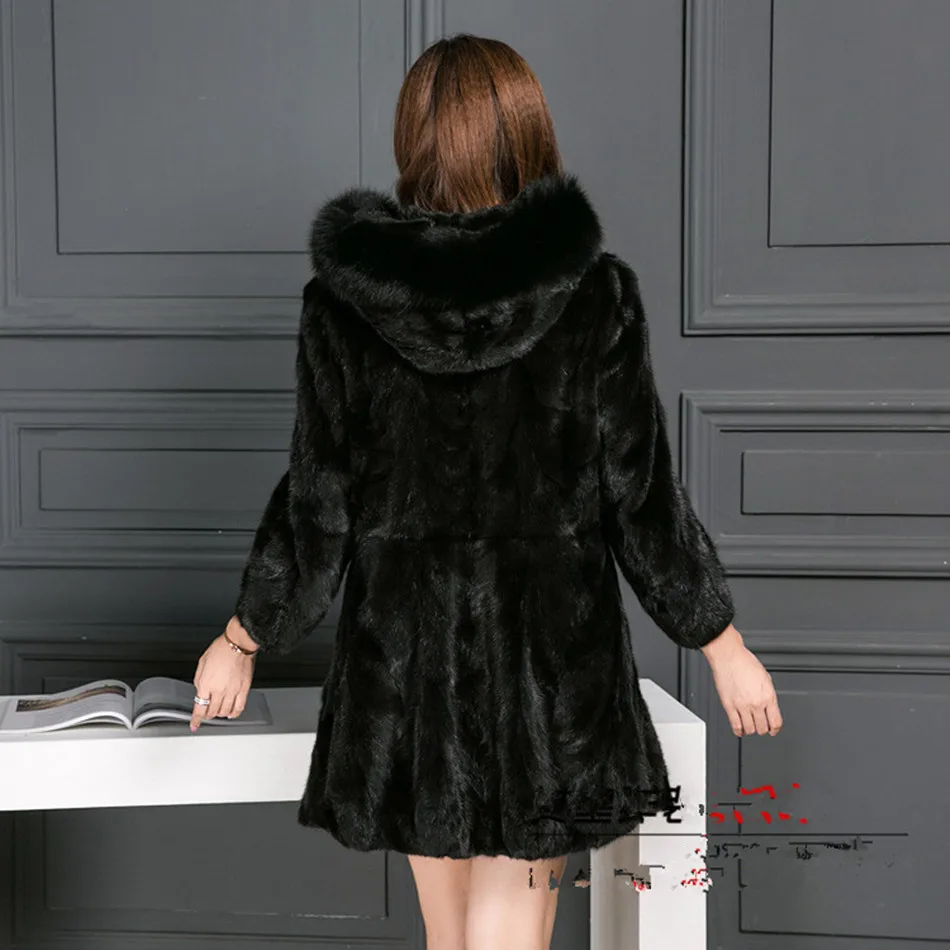Натуральное Норковое меховое Женское пальто с капюшоном зимняя женская Норковая Меховая куртка - Цвет: Черный