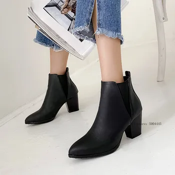 

2019 Autumn Winter Chelsea Ankle Boots for Women Block High Heels Shoes Pointed Toe Brown Black Ladies Shoe Bootie