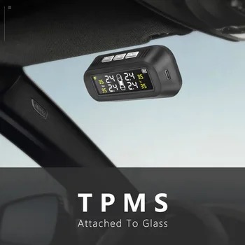 

Solar TPMS Car Tire Pressure Alarm Monitor System Display Attached to glass tpms Temperature Warning with 4 sensors BAR