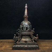

9"Tibet temple Old Bronze Lacquer Cinnabar Sakyamuni Pagoda stupa Dragon statue Town House Exorcism