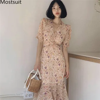 

2020 Summer Korean Floral Printed Chiffon Long Dress Women Short Sleeve V-neck Vintage Fashion Elegant Ladies Dresses Vestidos