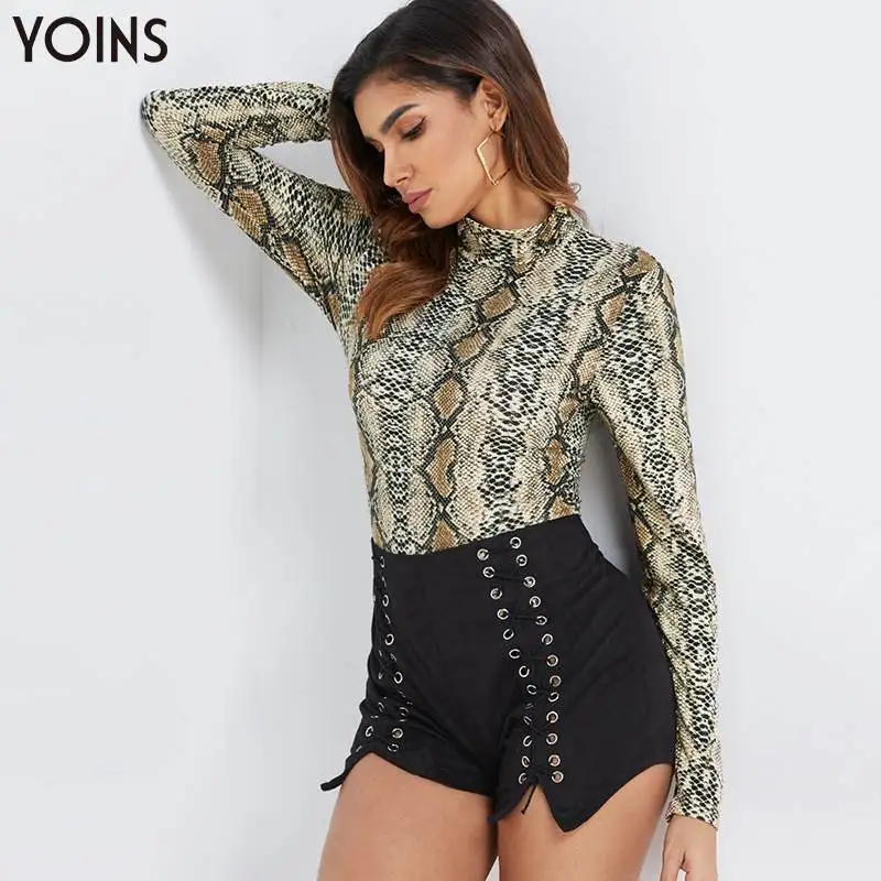 YOINS, женское винтажное боди с животным принтом, с высоким воротом, с длинным рукавом, осень зима стильная одежда для подвижных игр, повседневный Модный женский топ