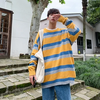 

2019 Autumn New Korean Men's Street Fashion Striped Loose Knit Couple Casual Harajuku Quilted Cotton Trend Sweater