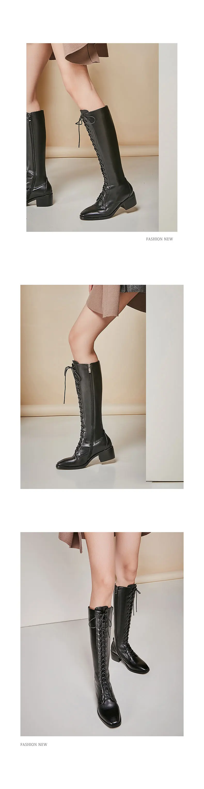 HARAVAL Luxury Woman Winter Over-the-knee Boot Handmade Genuine Leather Round Toe Square Heel Shoes Black Lace-up Sexy Boot B240