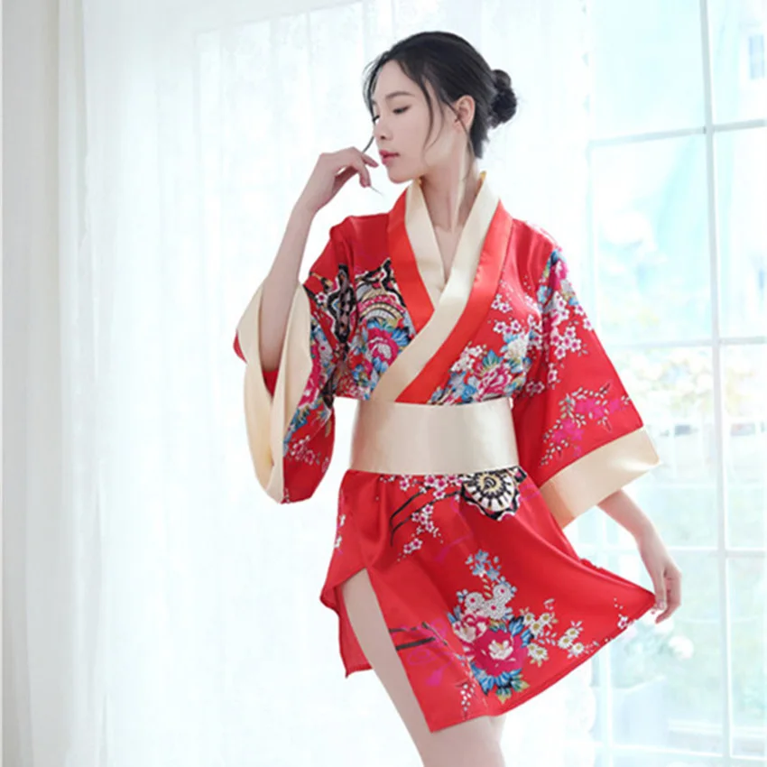 Novelty Women Japanese Sexy Kimono Deep V-neck Satin Silk Sleepwear Floral Bath Yukata Geisha Girls Home Pajamas Nightgown Robe