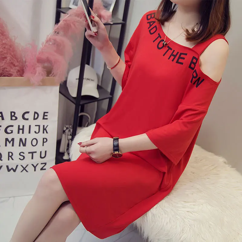 

617 # Summer Wear New Style Printed Letter Camisole off-Shoulder Mid-length Short Sleeve Dress