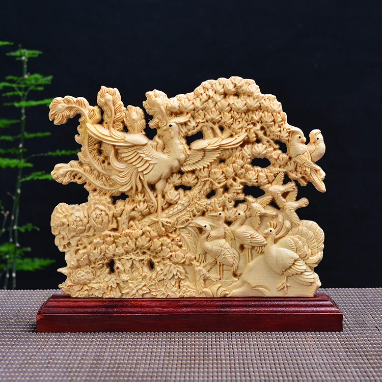 

Lucky Phoenix Dance Animal Wood Statue Wealth aDisc with Base Furnishing Articles Furniture Decoration Wood Collection Gifts