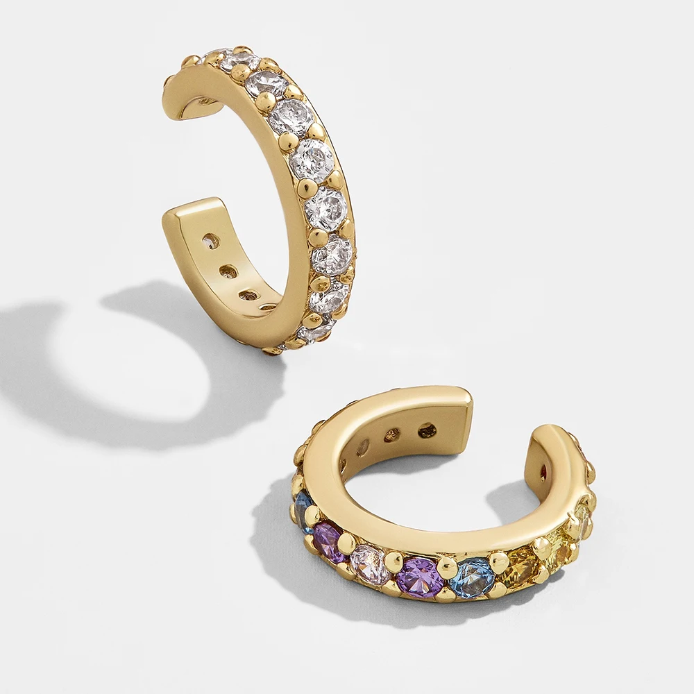 New Fashion Colorful Beads Gold Metal Huggie Earrings for Women CZ Rainbow Cubic Zirconia Ear Cuff Set Round Clip on Earrings