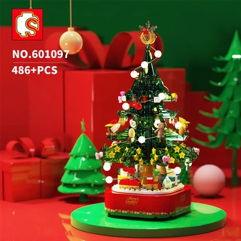

Rotating music box Christmas wreath Train Winter Village Reindeer Girl Friends Building Blocks Santa Claus Figures Toys