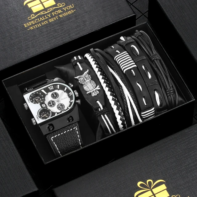 Men Quartz Wristwatches Waterproof Business Mens Watches Top Brand Luxury 6PCS Woven Leather Bracelets Gift Set for Men 1