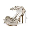 High heels open toes platform heels shoes woman Flower Gold Silver Wedding Shoes ankle strap pumps bridal heels shoes 4