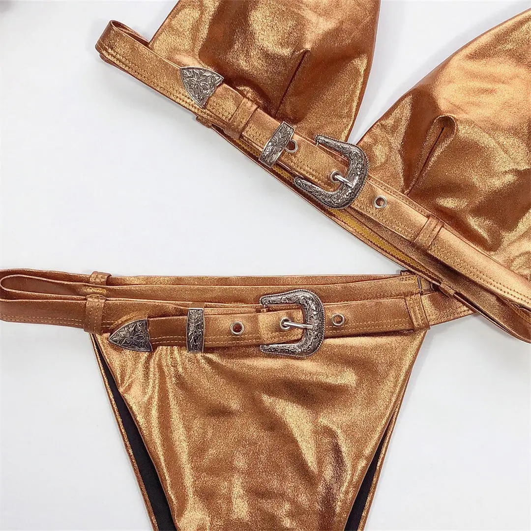Сексуальный блестящий золотой PU искусственная кожа женская одежда для плавания цельный купальник женский купальный костюм с поясом Купальник для женщин V1691