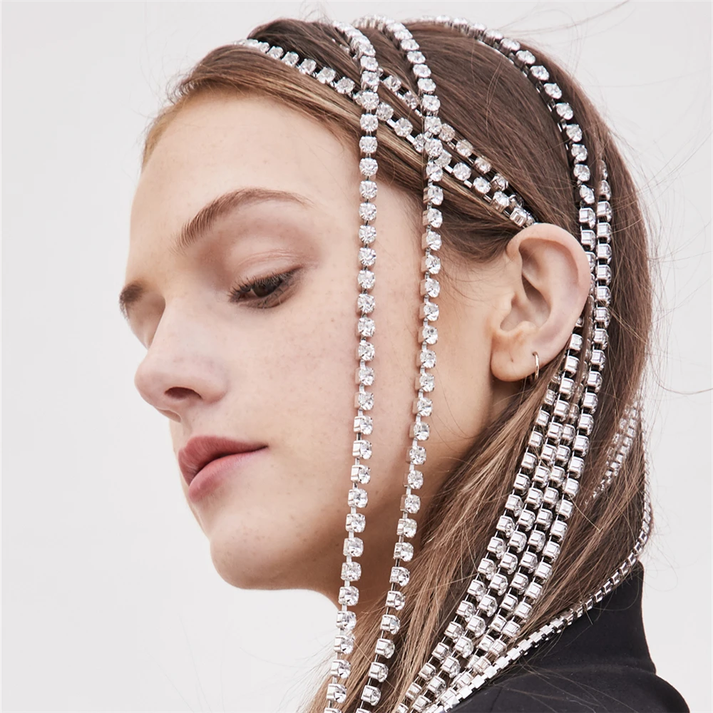 Trendy Rhinestone Hair Accessories Chain for Women Wedding Jewelry Elegant Full Crystal Tassel Hairbands Long Chain Headwear