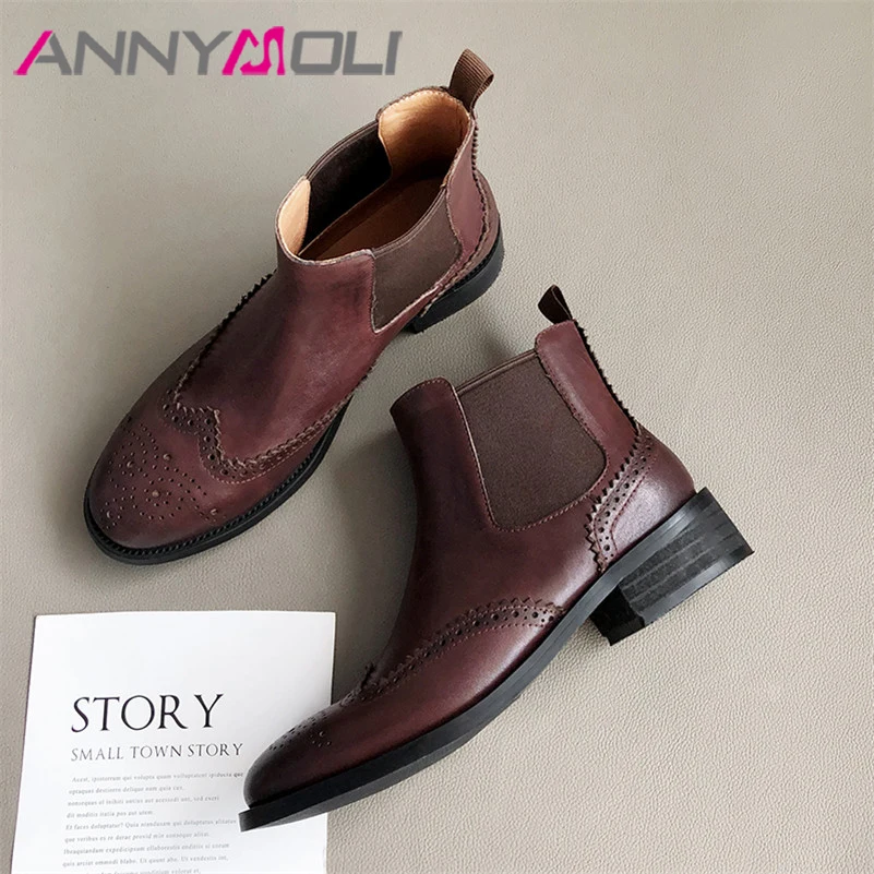 

ANNYMOLI Natural Genuine Leather Block Heels Ankle Boots Women Chelsea Boots Round Toe Brogue Shoes Ladies Winter Autumn Size 42