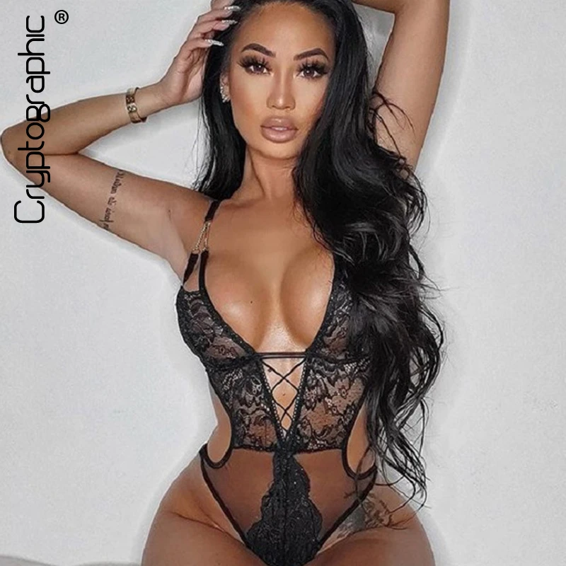 bustier bodysuit Cryptographic Deep V-Neck Plunge Strappy Sheer Sexy Lace Bodysuit Club Female Body See Through Backless Bodysuit Thong Teddy long sleeve bodysuit