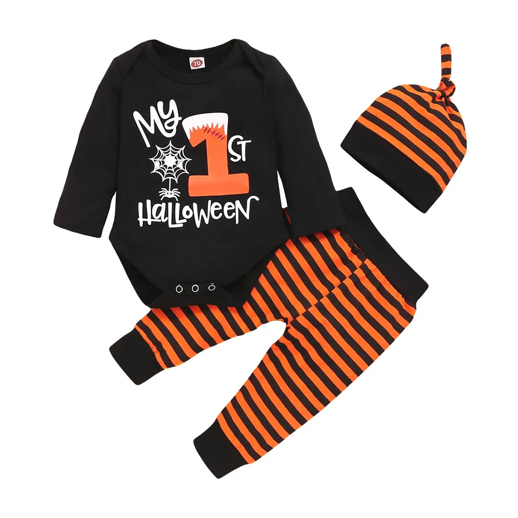 Halloween Infant Baby Girl Clothes Boy Letter Halloween Romper Long Sleeve Top+Striped Pants+Hat Outfits Halloween Costume bebes