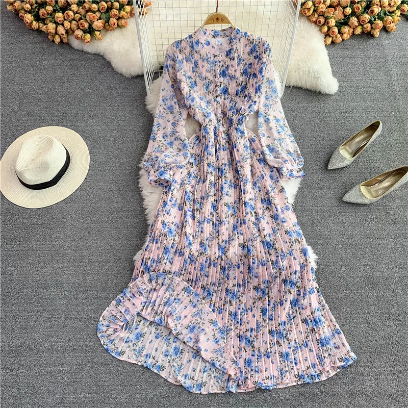 Spring Autumn Bohemian Women Tie Dye Printed Pleated Long Dress Boho Stand Collar Puff Sleeve High Waist Draped Maxi Vestido New a line dress