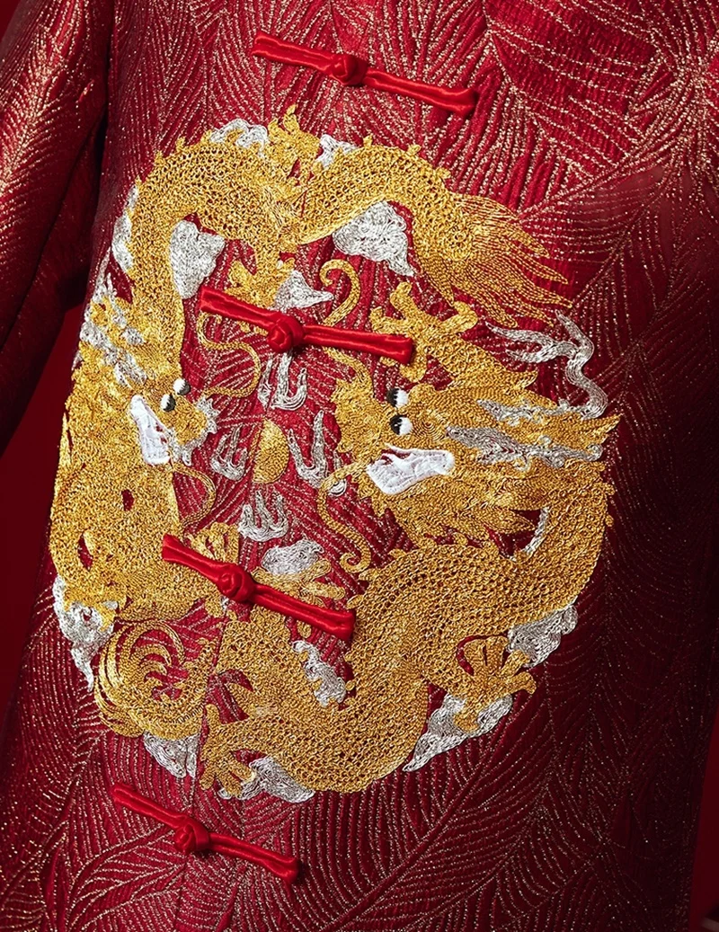 Винтаж Свободные Cheongsam традиционное китайское свадебное платье красный атлас Qipao Вышивка Дракон костюм Vestido восточные мужские KK3020