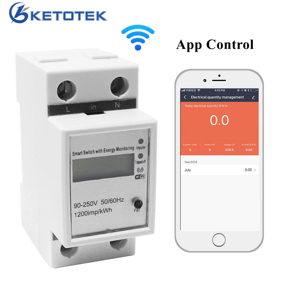 WiFi Smart Energy Meter Single Phase DIN-rail App Wattmeter Power Consumption Analyzer Voltage Current Meter 220V 50Hz