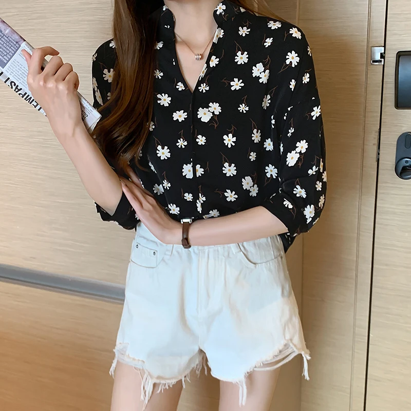 Print Floral White Black Shirts Women Elegant Casual Office Lady Chiffon Large Size Mujer De Moda 2020 Summer Blouses Female