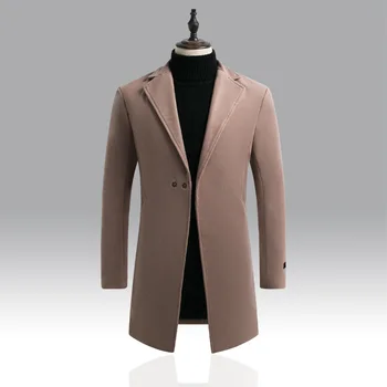 

2019 Long Fund Male Woolen Overcoat Self-cultivation Lapel Single Row Buckle Wool Loose Coat England Windbreaker
