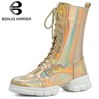 

BONJOMARISA New Ladies Fashion Metallic Ankle Boots Brand Flat Platform Boots Women Low Chunky Heels Shoes Woman