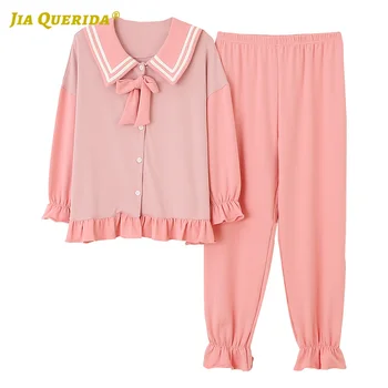 

Ladies Pajama Set 100% Cotton Turn Down Collar Homesuit Homwclothes Fashion Style Casual Style Woman Clothes Pink Pjs Woman