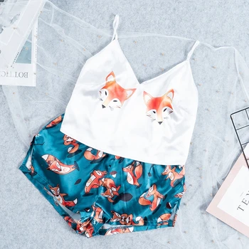

Pajamas Set for Woman Silk Sexy Pijamas Women Sleepwear Short Satin Summer Cartoon Print Pyjama Femme V Neck Home Suit 2020