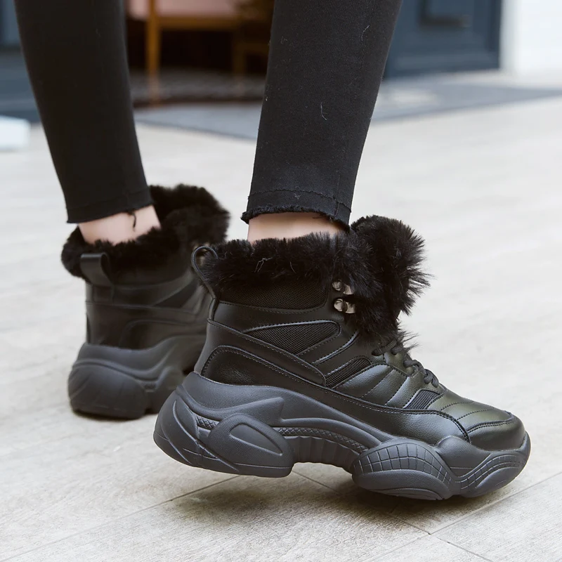 New Thick Sole Women's Winter Sneakers With Fur Sneakers Warm Plush Chunky Sneakers Platform Ladies Snow Boots Shoes Woman