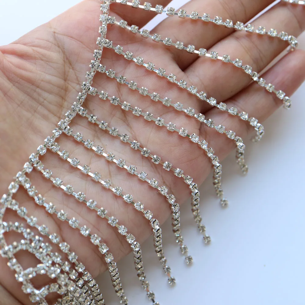 8cm*1yard Silver crystal chain rhinestone trimmings for clothing DIY sewing trim for wedding dresses wedding party decoration
