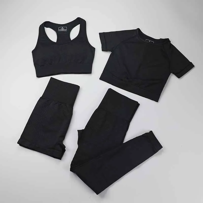 

Seamless Leggings+Short Sleeve Crop Top+Sports Bra+Sport Shorts 4 Pieces Yoga Set Sports Wear For Women Gym Clothing Sports Suit