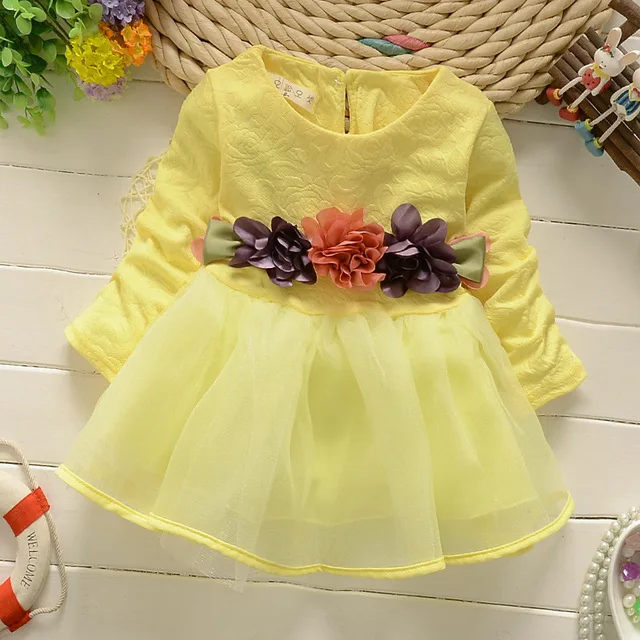 Весенне-осеннее платье для маленьких девочек; Хлопковое платье с длинными рукавами для малышей; Детские Платья с цветочным принтом и бантом для девочек; Модная одежда для девочек - Цвет: G24-yellow