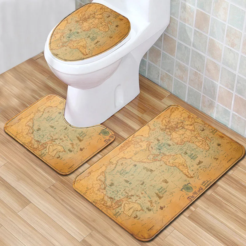 

Toilet Mat Map Design 3 Piece Bath Mats Anti Slip Carpet for Bathroom Rug Set Christmas Accessories for Home Decor Blanket