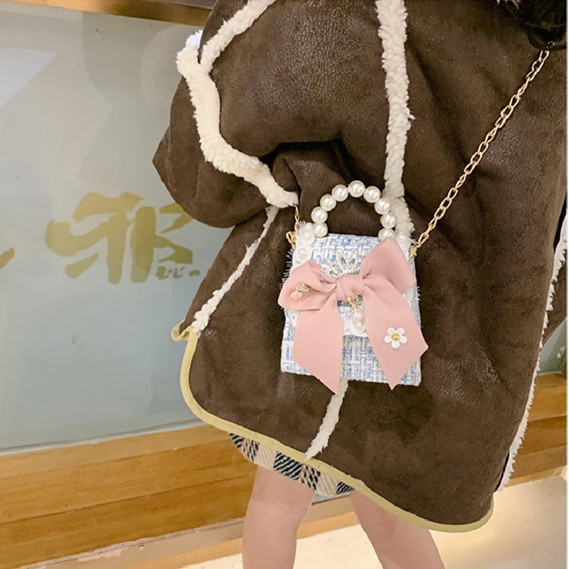 Baby Mini Bow Flower Crossbody Bags Girls Princess Lace Manual Pearl Chain Shoulder Bag Fashion Kids Keys Coin Purse School Bag