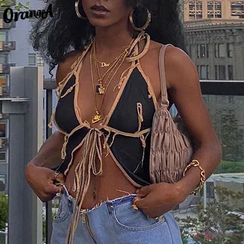 

OrangeA sexy v-neck mesh halter bandage tank top striped patchwork sleeveless camisole hot street club party wear fashion outfit