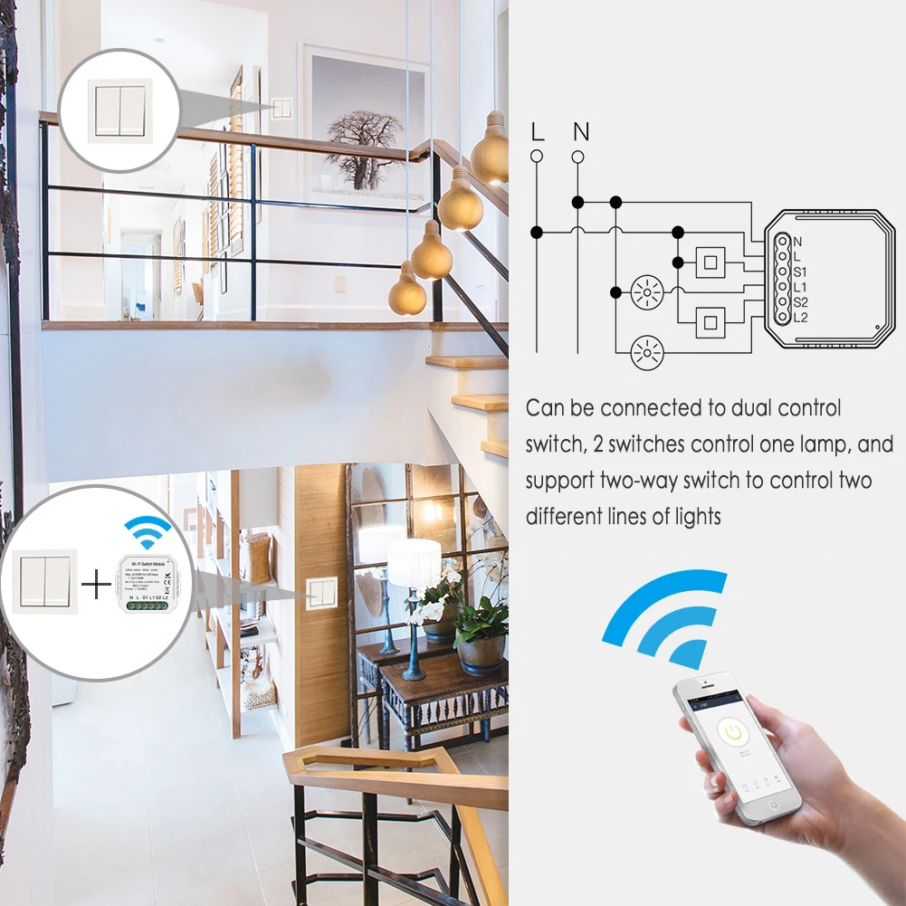 

2 Gang 2 Way Wifi Smart Light Switch Diy Breaker Module Smart Life/Tuya APP Remote Control