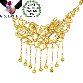 

OMHXFC Wholesale NL242 European Fashion Fine Woman Bride Party Birthday Wedding Gift Dragon Phoenix 24KT Gold Pendant Necklace