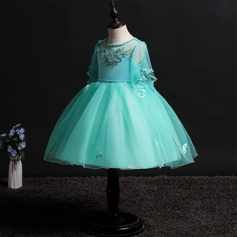 Skyyue/свадебное платье для девочек, детское фатиновое бальное платье без рукавов с цветочной вышивкой и круглым вырезом, Детские вечерние платья для причастия 160 - Цвет: green