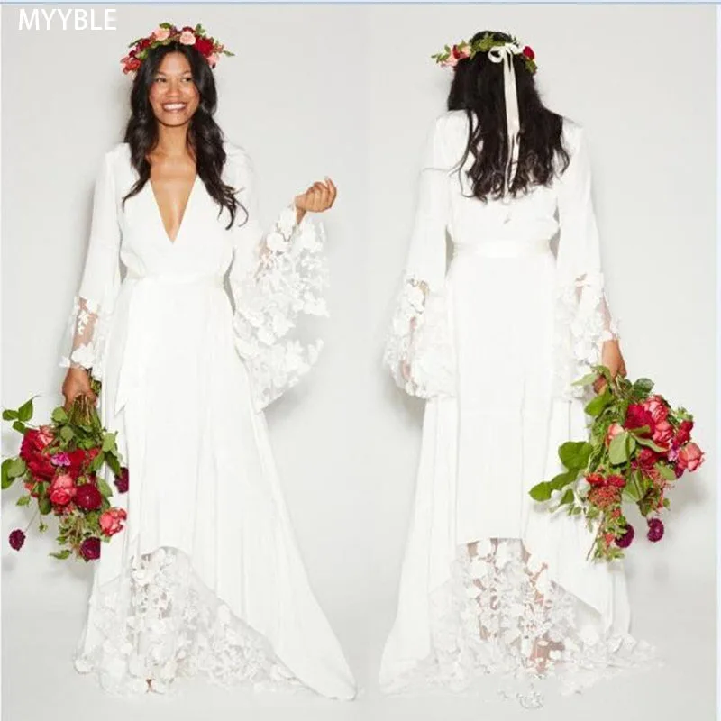 V-Neck 2021 Beach Boho Wedding Dresses Bohemian Hippie Style Deep Long Sleeves Lace Flower Country Bridal Gowns | Свадьбы и
