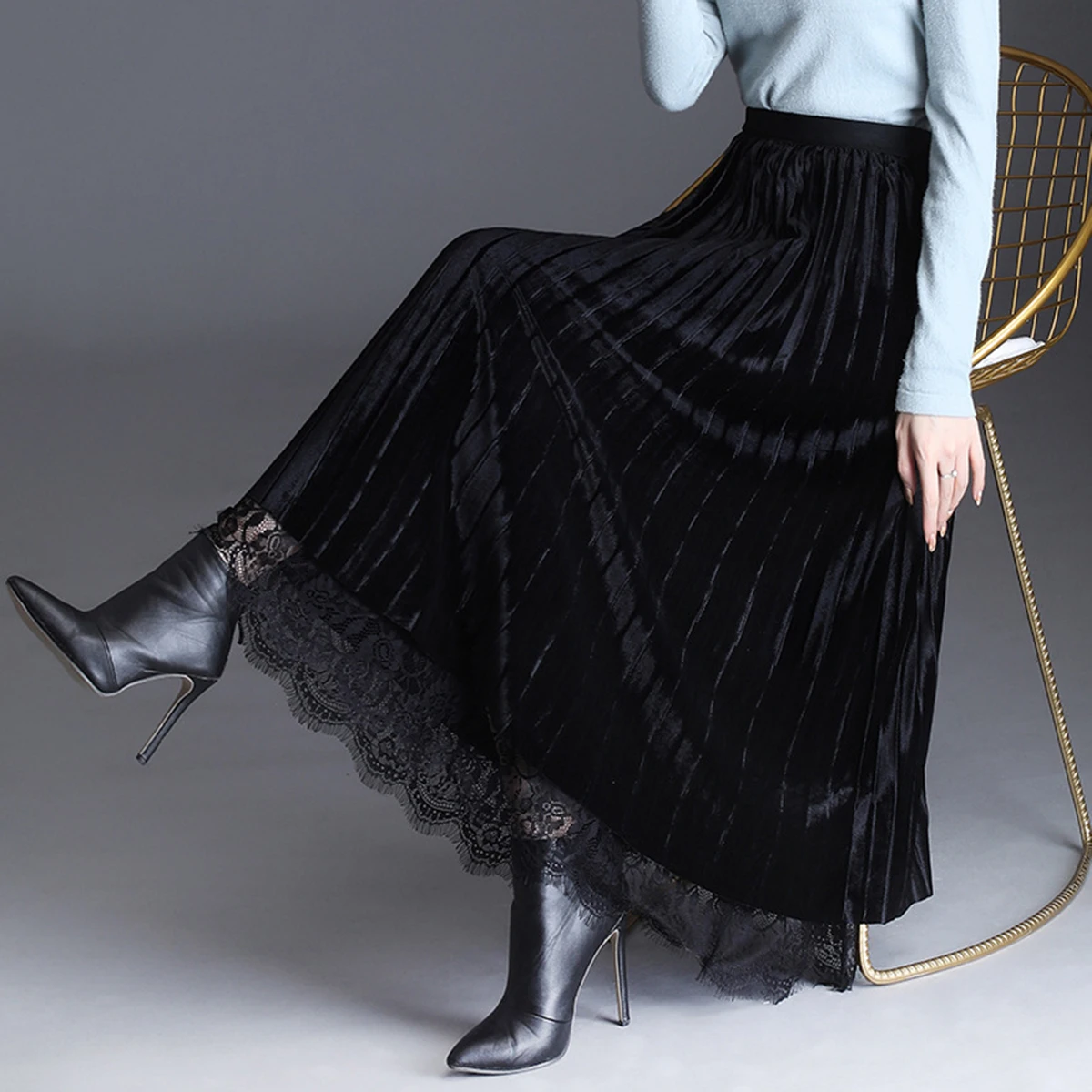 

Womens New Shiny Golden Velvet Mesh Pleated Skirt Vintage Lace Hem Skirts Solid Color Elegant High Waist A-Line Korean Fashion