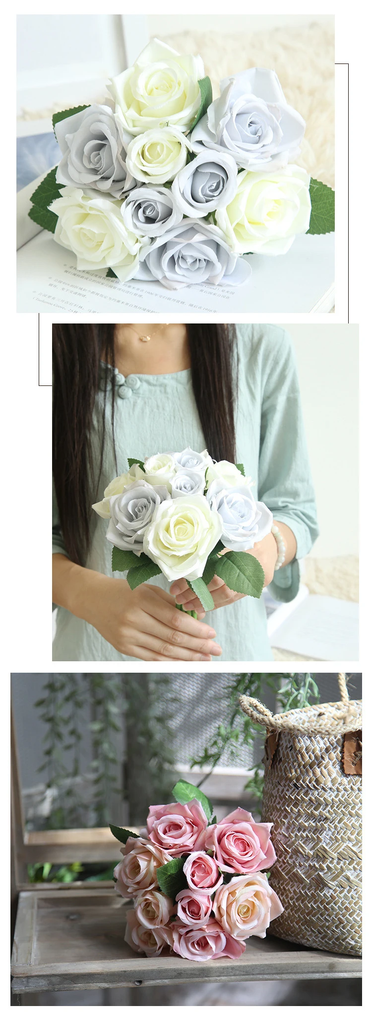JAROWN Artificial Rose Silk Fake Flowers wedding Flowers Bouquet 9  Head Rose Flowers Home Decoration party decoration Indoor Flores (16)