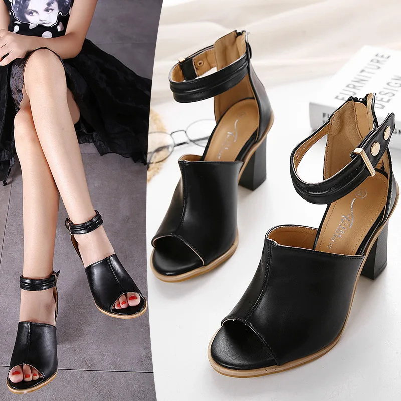 

2018 Summer New Style Sandals South Korea Sexy Sandals Versatile Slimming Hallow Open-toed Shoes Chunky-Heel High-heeled Shoes